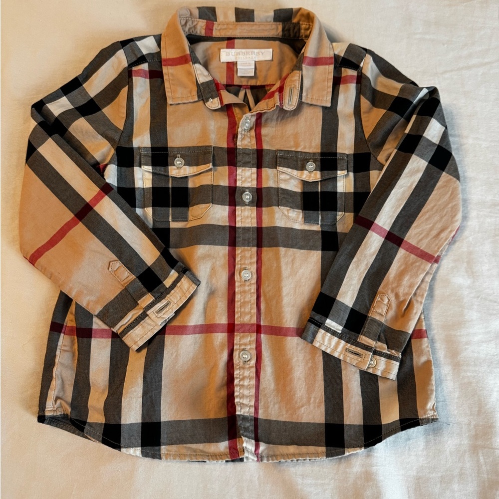 Burberry Tan and Black Plaid Button Down Shirt